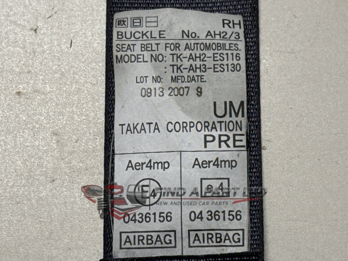 2008 Subaru Impreza GH - Right Front Seat Belt PN: TK-AH2-ES116, TK-AH2-ES130